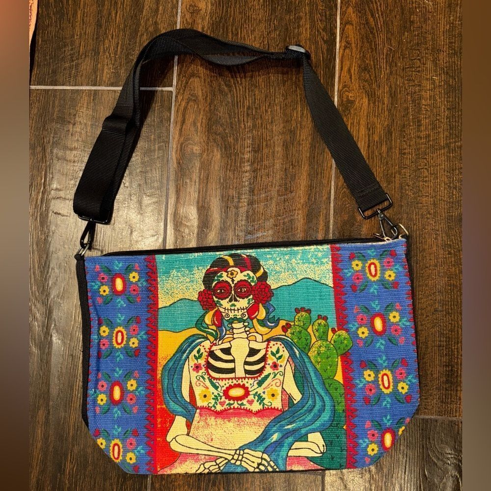 DAY OF THE DEAD woven cotton zip top tote bag